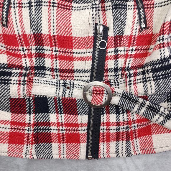Express Women Plaid Wool Blend Moto Belted Jacket Medium Black Red Preppy Bomber - Picture 7 of 14